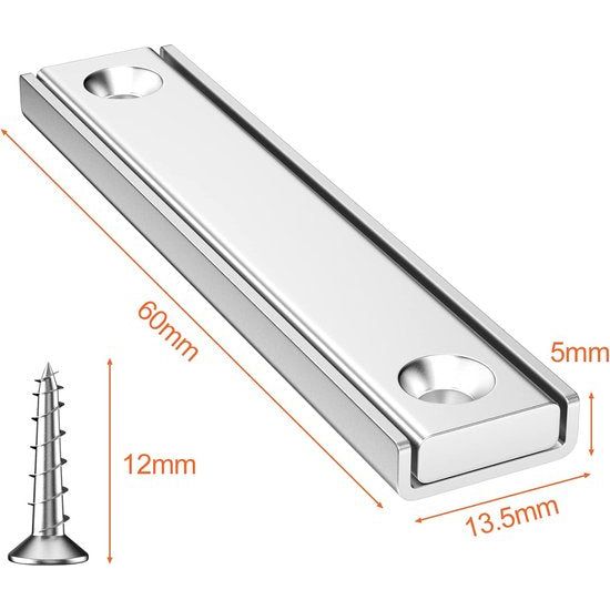 8 stuks neodymium magneten extra sterk, 30 kg kracht 60 x 13,5 x 5 mm, multifunctionele rechthoekige magneten, verzonken kop, vierkante baksteen, potmagneet met schroeven voor whiteboard, koelkast, magneetbord