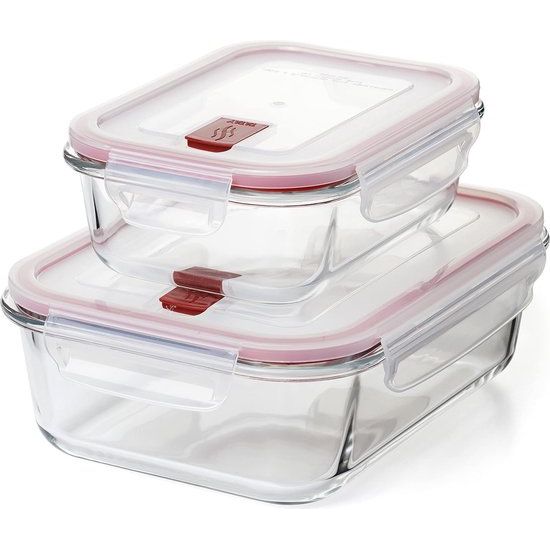 Set van 2 Cook&Eat lunchboxen (0,64 l en 1,5 l), glas, luchtdicht, clipdeksel, BPA-vrij, magnetron, oven, vriezer en vaatwasserbestendig, rode kleur