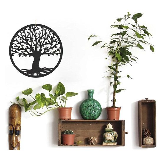 Levensboom Wanddecoratie Houten Levensboom Wanddecoratie Levensboom Spirituele Decoratie Muur Hout Vintage Tuindecoratie Meditatie 3D Mandala Muurfoto (Levensboom, Zwart)