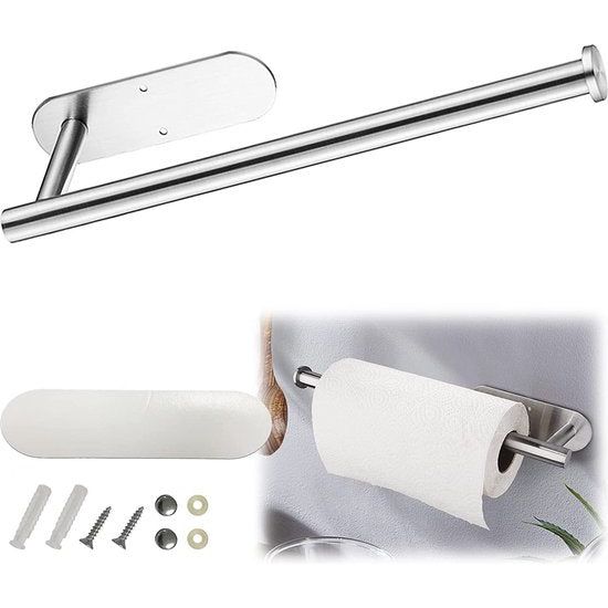 Zewa Keukenrolhouder, kast, zonder boren of boren, onder kast, boren, roestvrij staal, onderkast, papierrolhouder, muur, aangrenzende houder, keukenrolhouder (zilver)