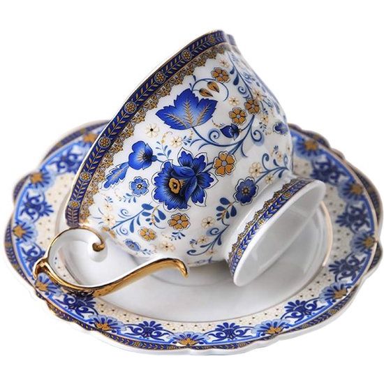 Blauwe bloem Fine Bone China theekopset, vintage porseleinen koffiekop en schotel, 200 ml