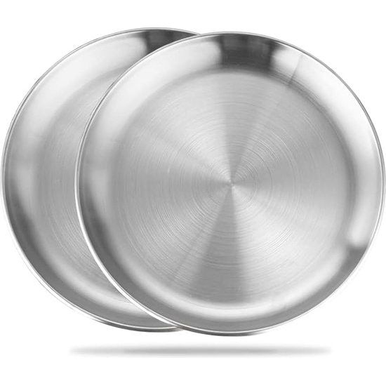 2 stuks RVS rond servies zilveren schotel RVS borden serveerborden RVS onderborden voor camping, keuken, feest (zilver, 17 cm)