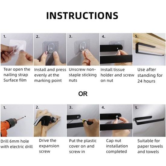 Keukenrolhouder, wandophanging, zonder boren, 295 mm, zelfklevend of boren, keukenpapierhouder, ruimte-aluminium papierrolhouder voor keuken, badkamer, kasten, verticaal of horizontaal, zwart