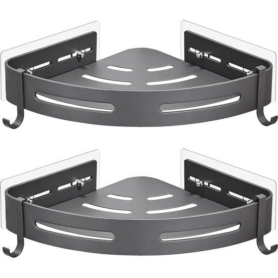 Corner Shelf Shower Basket Shower Shelf No Drilling Shower Shelf Metal with 4 Hooks Shower Shelf Bathroom Shelf with Sticker Bathroom Shelf for Bathroom and Kitchen 2 Levels Grey