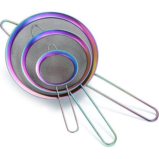 Rainbow Fine Mesh zeef, 3-delige set, kleurrijke meelzeef om te bakken, roestvrijstalen reiniger, veelkleurige matcha-theezeef, sausscheider, stasher-zeef-pastazeef