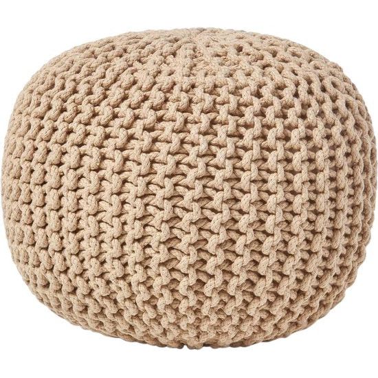 Homescapes Rond gebreide poef 100% katoen - Cremewit - 35x40 cm