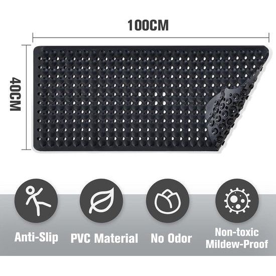 Badmat, antislip, 100 x 40 cm, antislipmat voor badkuip met 300 zuignappen van pvc en rubber, 100% BPA-vrij, machinewasbaar, voor badkuip, badkamervloer (zwart)