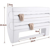 Wandrolhouder, 3-vaks keukenrolhouder, keukenrolhouder, papieren handdoekhouder, foliesnijder, keukenrol, vershoudfolie met opbergruimte voor specerijen (wit)