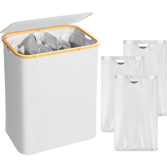 Wasmand met deksel, 160 liter, 3 zakken, wasmand kan open, kan open (beige)