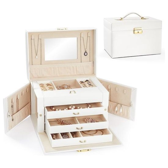 Sieradendoos, groot juwelenkistje met 4 niveaus, afsluitbaar met laden en spiegel, voor dames en meisjes, voor het opbergen van ringen, oorbellen, halsketting, wit