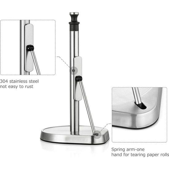 Keukenrolhouder, staande papierrolhouder van roestvrij staal, rolhouder, keukenrol, perfect voor keuken en eetkamer, stabiele basis en spanarm, zwart