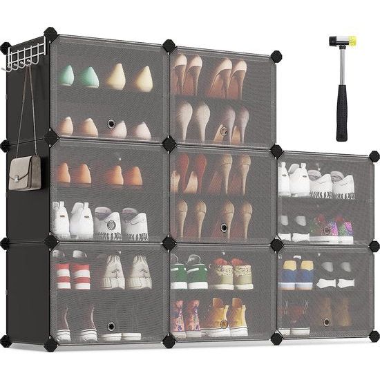 Schuhopberg met 8 vakken, Schoenenkast, 30 x 40 x 30 cm per vak, smal, met deuren, Stalen frame, Kunststof, voor Hal, Slaapkamer, Entree, zwart LPC034B01