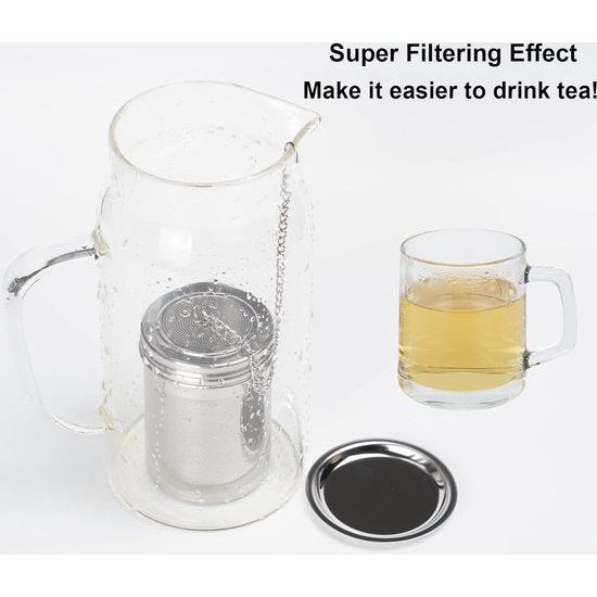 Theezeef, roestvrij stalen filter, thee-ei, cilindrische theefilter met bodemplaat, schone en fijne zeef, theehouder, inzetstuk in theepotten, kopjes, theeflessen