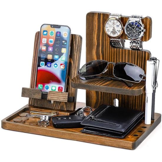 Telefoondockingstation, hout, cadeau voor mannen, echtgenoot, vriend, bureau-organizer voor mobiele telefoon, tablet, horloges, brillen, sleutels