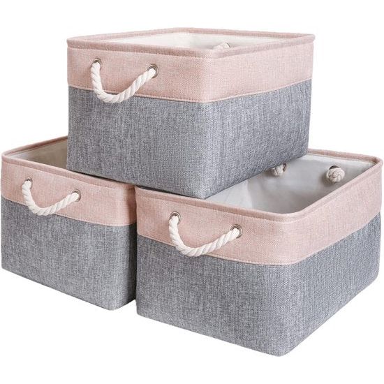 Grote opbergdoos, 3 stuks, stoffen opbergmand, met handgrepen, mand, opslag voor plank, kast, kinderkamer (grijs/roze, 42 x 32 x 25 cm)