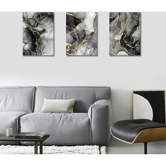 3 stuks grijs zwart goud marmer met lijst canvas foto's abstract aquarel inkt lijnen foto op canvas schilderij wandafbeeldingen wanddecoratie woonkamer slaapkamer decoraties 120 x 60 cm (16 inch x 24