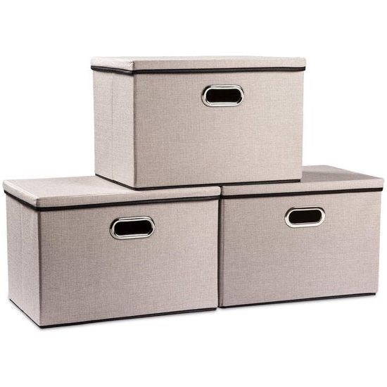 Grote opvouwbare opbergdozen met deksels [Pack van 3] Linnen stof decoratieve organizer containers manden kubussen handgrepen scheidingswand voor slaapkamer kast kantoor lichtgrijs (45x30x30cm