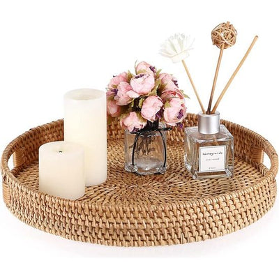 Relaxdays dienblad gevlochten, set van 3, drie groottes, serveerblad koffie, met handgrepen, hoge rand, rond, natuur