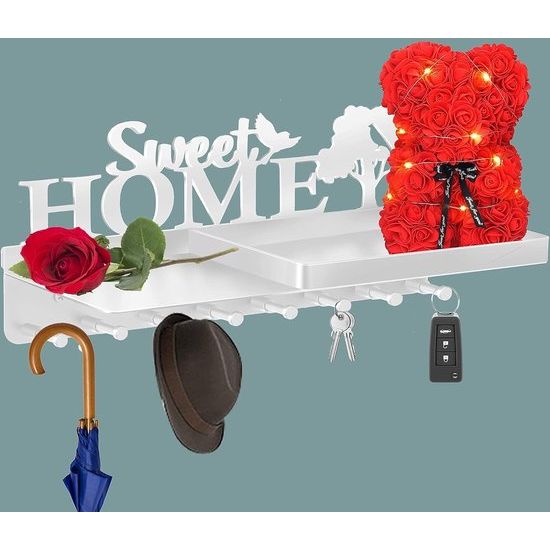 Sweet Home Sleutelrek met plank, groot, 31 x 14 cm, zelfklevend 8 haken, sleutelhouder, wit, sleutelhanger, sleutelopslag, wandorganizer