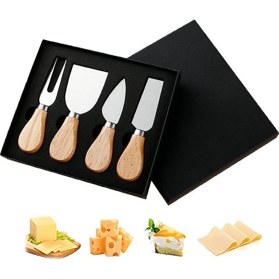Premium 4-delige Kaasmessenset, RVS Keuken Kaas Gereedschap Mini Kaasmes met Houten Handvat (Gift Ready), voor Taart Dessert Kaas Salade