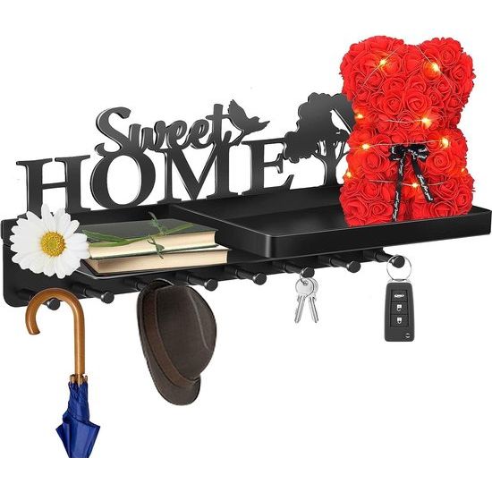 Sleutelrek met plank, groot, 31 x 14 cm, sleutelhouder, zwart, Home Sweet Home, sleutelbord, zelfklevend, 8 haken, sleutelhanger, sleutelhouder, wandorganizer