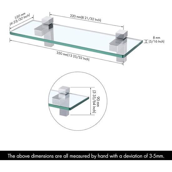 Doucheplank, glasplank, badkamer, doucheplank, 8 mm, hardglas, badkamer, wandrek, rek, douche, glazen plank met plankdrager, 35 cm, hangende wandmontage, gepolijst chroom
