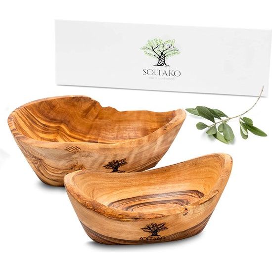 SOLTAKO Hoogwaardige snackschalen van olijfhout, decoratieve schaal hout, sieradenschaal, olijfhout schaal voor dips, dipschaal, handwerk. Ca. 14 cm, hoogte 4,5 cm