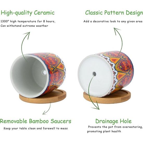 Vetplantpot van 7,5 cm, keramische cactusplantpot met mandalapatroon, kleine plantenpot voor binnen en buiten met bamboeplaat, set van 3
