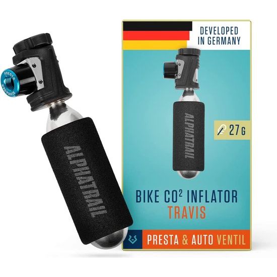 Micro CO2 Fietspomp Travis - Voor AV- & SV-ventielen I Extreem klein en licht (27 g) I Met regelaar voor optimale controle I Voor 16, 20 of 25 g schroefdraadcartridges (niet inbegrepen)