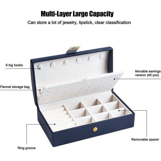 2-laags PU-opbergdoos voor ringen, oorbellen, armbanden, kettingen, reissieraden, organisator, geschenkdoos voor meisjes, vrouwen (blauw)
