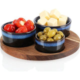 4-delige serveerset - kommenset met houten plank voor het serveren van tapas, mezze of antipasti - 3 schaaltjes in 3 maten met dienblad van acaciahout (4-delig, blauw)