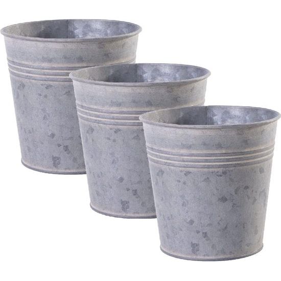 Set van 3 bloempotten, plaatstaal, zink, metaal, plantenpot, sierpot, vaas, balkon, tuin, asbak, maat: S, diameter 13 cm x hoogte 12,7 cm, 1,2 l