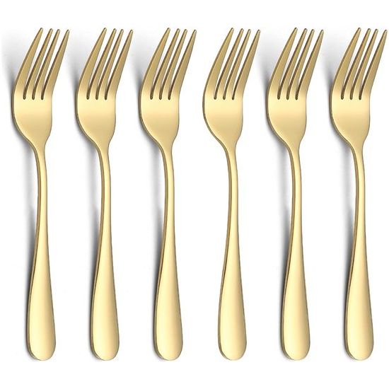 14 cm gouden dessertvorken 6-delig, roestvrij staal goud titanium plating gebaksvorkjes set, mini-taartvorken, aperitiefvorken voor thuis, bruiloft, feest, café, restaurant, vaatwasmachinebestendig