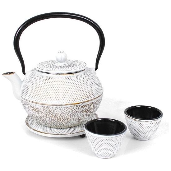 Theeservies van gietijzer, theepot 1,1 l, met afneembare zeef, theepot met onderzetter en 2 theekopjes, set theepotten in vintage design voor het bereiden van losse thee, crème