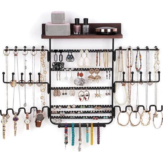 Sieradenorganizer voor aan de muur, sieradenopslag, hangend met 6 x draaibare displaystangen, sieradenstandaard, wandhouder voor halskettingen, oorbellen, armbanden en ringen