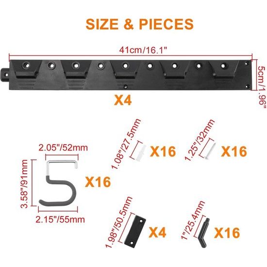 162 cm gereedschapshouder tuin, garage muurbevestiging metaal met 16 verwijderbare haken, gereedschapsrek gereedschap organisator muurbevestiging voor thuis