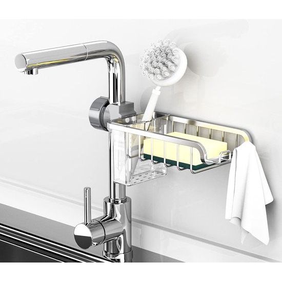Waterkraan opbergrek, spoelorganizer aluminium, sponshouder keuken met afvoerkist, gootsteenorganizer, afdruiprek, gootsteen caddy organizer voor keuken, badkamer, toilet