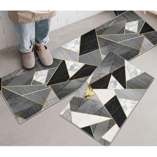 Keukentapijten, antislip keukenmatten, 2 stuks, wasbaar keukentapijt met schuifsticker, Comfort Runner-tapijtset voor keuken, stofdichte deurmat, zwarte geometrie