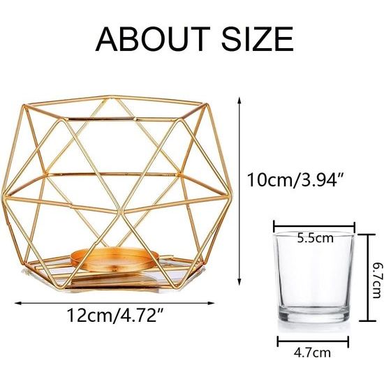 Theelichthouder, kaarsenhouder, metaal, goud, set van 2 geometrische theelichtjes, kaarsenstandaard, stompkaars, windlicht, modern, geo-decoratie voor tafeldecoratie, feest, bruiloft, woonkamer