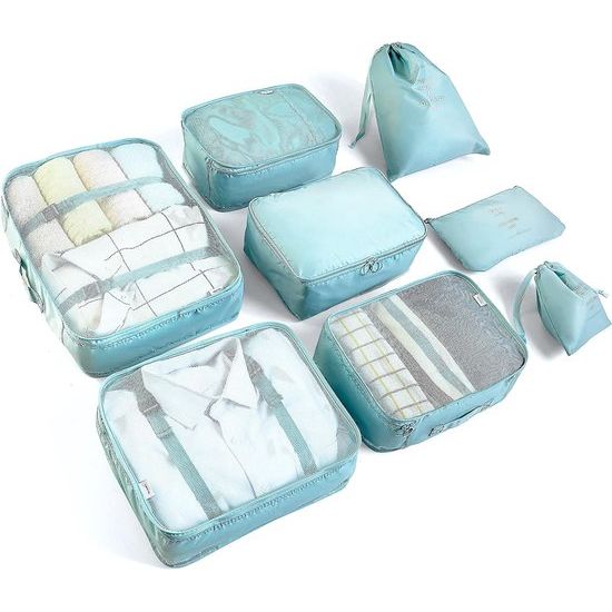 Packing Cubes, kledingtassen, schoenentas, reisorganizer, verpakkingskubus, cosmetica, reisorganizer, paktassen voor BillyBath (8-delig, blauwgroen)
