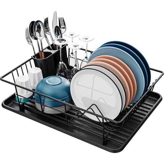 Afdruiprek voor servies, zwart, afdruiprek voor servies, met bestekhouder en afdruipbak van plastic voor het afdruiprooster