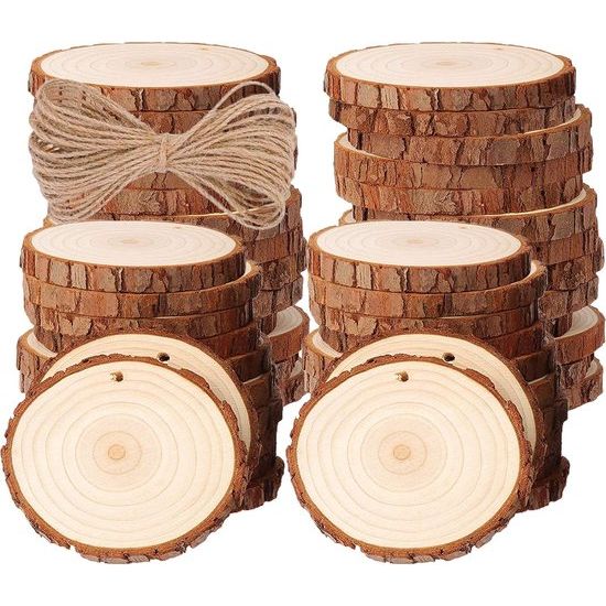 50 stuks houten schijven, rond 5-6 cm houten log schijven kit met gat onafgewerkte houten cirkels voor doe-het-zelf, knutselen, bruiloft, kerstdecoratie
