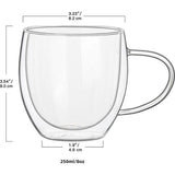 JNSMFC dubbelwandige glazen koffiemokken met 4 lepels, 250 ml set van 4 geïsoleerde glazen koffiemokken met handvat, heldere koffiemokken voor cappuccino, espresso, latte, thee, hittebestendige glazen om te drinken