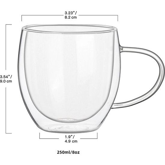 JNSMFC dubbelwandige glazen koffiemokken met 4 lepels, 250 ml set van 4 geïsoleerde glazen koffiemokken met handvat, heldere koffiemokken voor cappuccino, espresso, latte, thee, hittebestendige glazen om te drinken