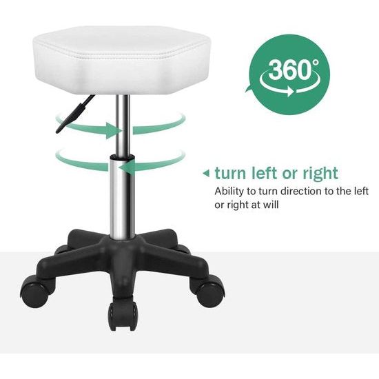 Ronde draaikruk met wielen PU Leahter rolkruk in hoogte verstelbare kruk voor spa-salon massage wit