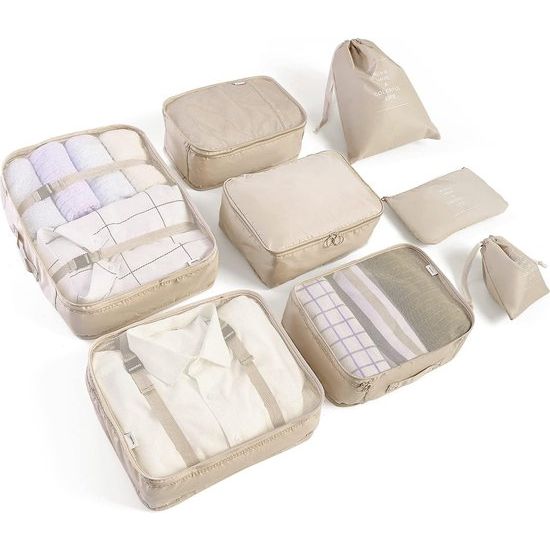 Packing Cubes, kofferorganizer, kledingtassen, schoenentas, reisorganizer, verpakkingskubus, cosmetica, reisorganizer, paktassen voor koffer (8-delig, beige)