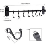 Keukenhaakrail zonder boren Zelfklevende keukenrail met 7 haken, kledinghaken Boren niet nodig, 20 kg draagvermogen, aluminium, matte afwerking, zwart