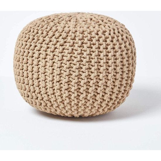 Homescapes Rond gebreide poef 100% katoen - Cremewit - 35x40 cm