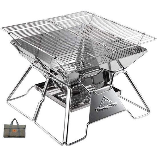 Campingmoon Draagbare Grill Vouwgrill Camping Vuurplaats Buiten RVS Grillrooster Camping Houtkachel met Draagtas voor Picknick, BBQ, Koken, Wandelen MT-2