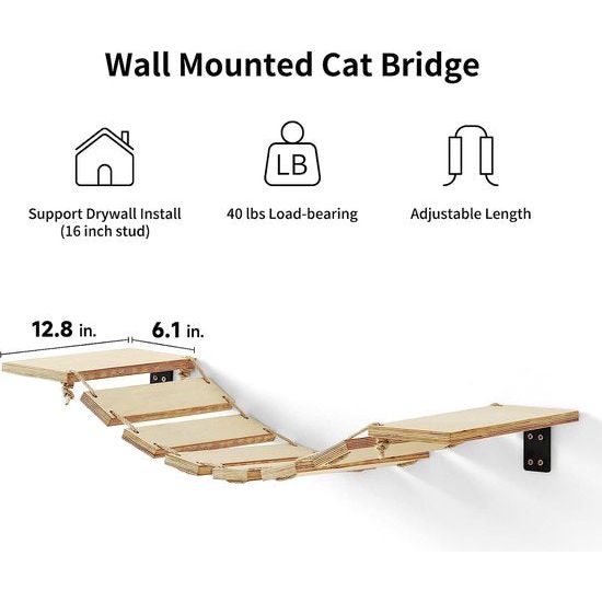 Kattenklimmuur, 32 cm kattenbrug en kattenligstoel voor doe-het-zelf catwalk, kattenhangmat en kattenmuur voor de meeste kittens, middelgrote en grote katten